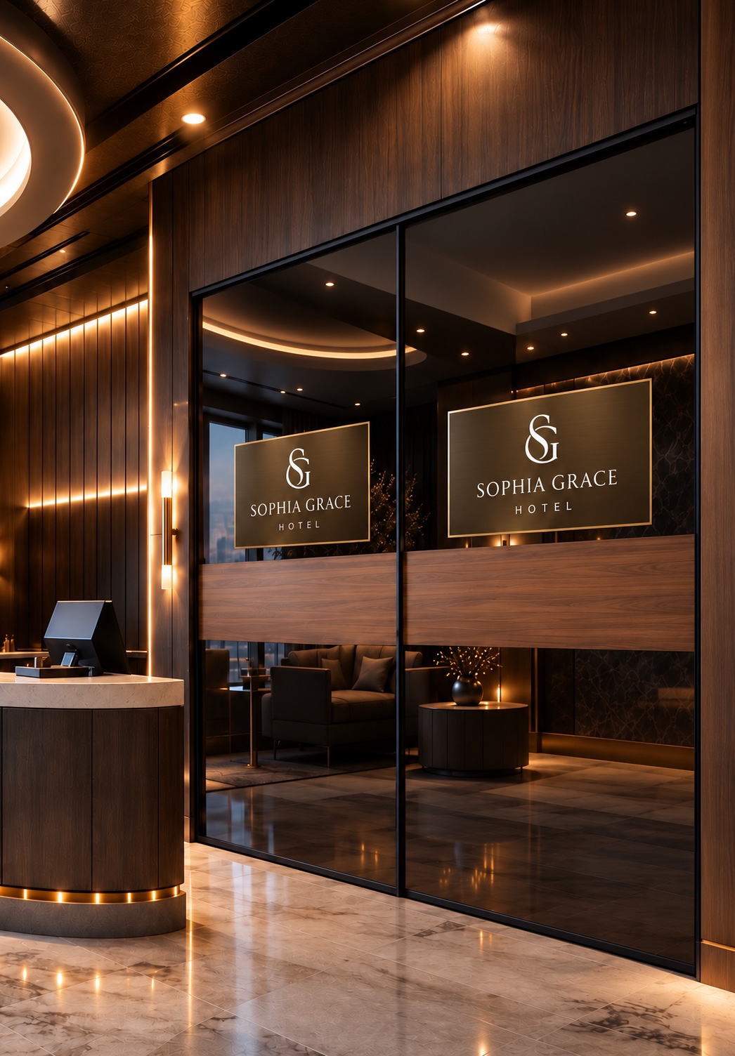 Sliding doors with a hotel logo behind a reception desk