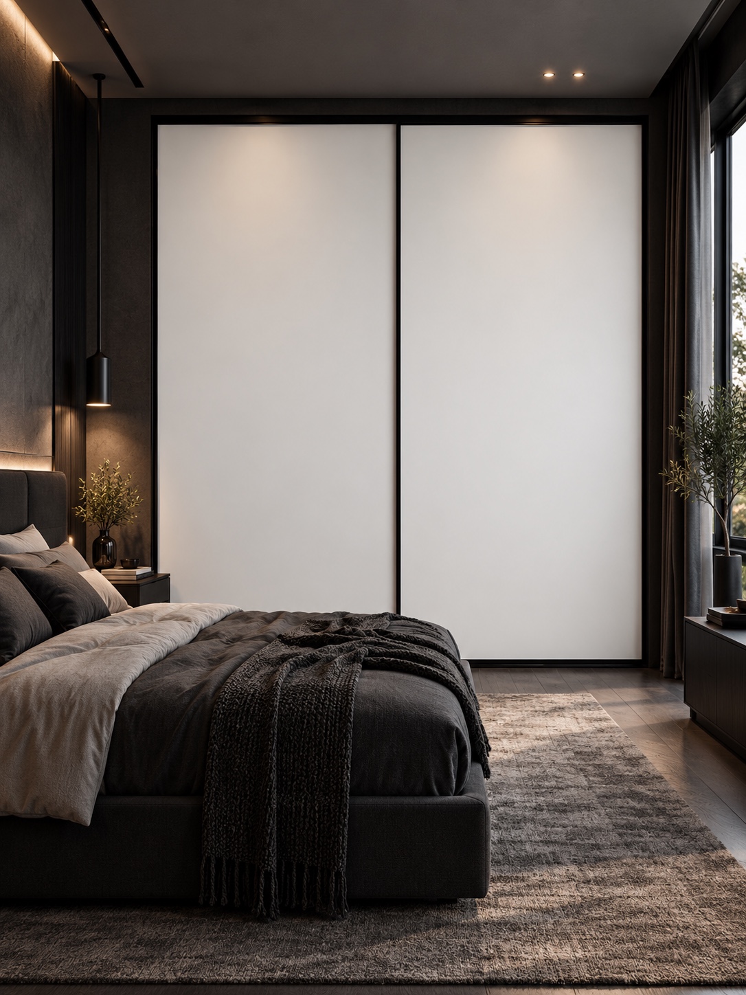 White sliding closet doors with black aluminum profiles