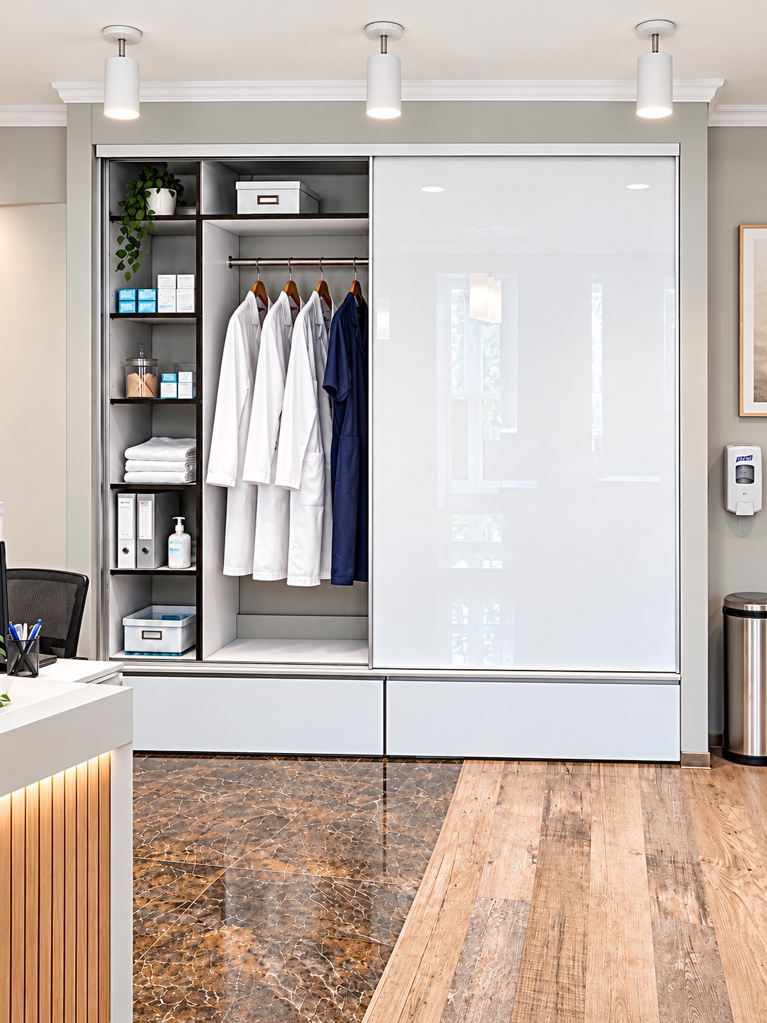 Medical clothing cabinet behind a clinic reception desk
