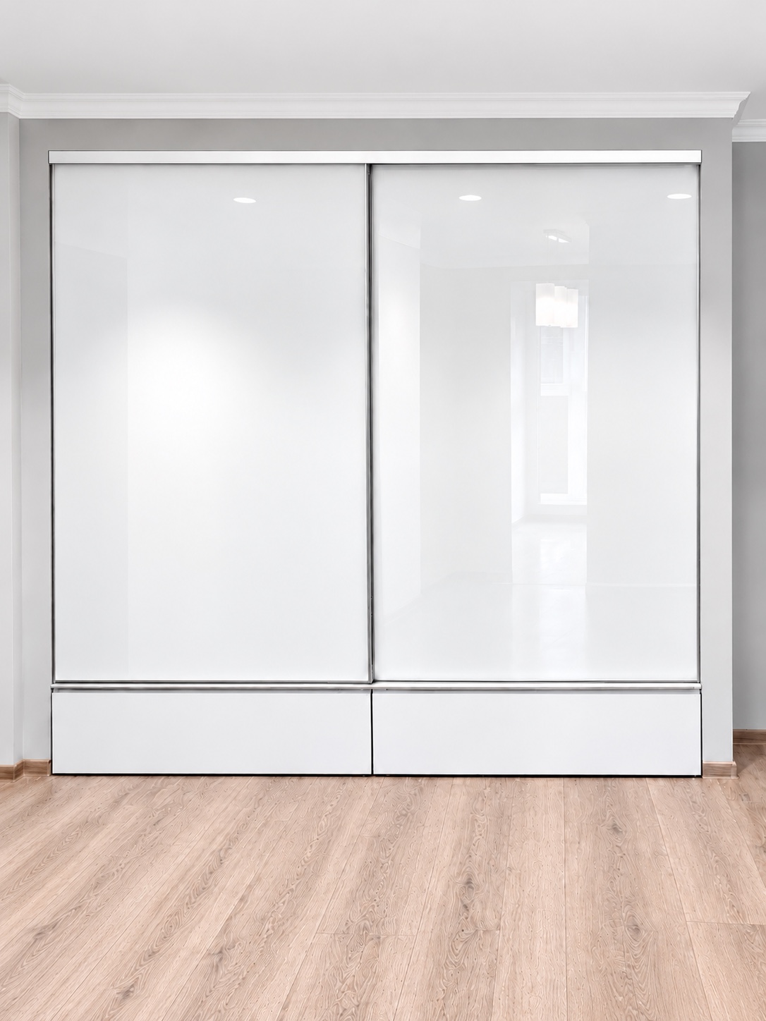 White sliding doors with two lower drawers