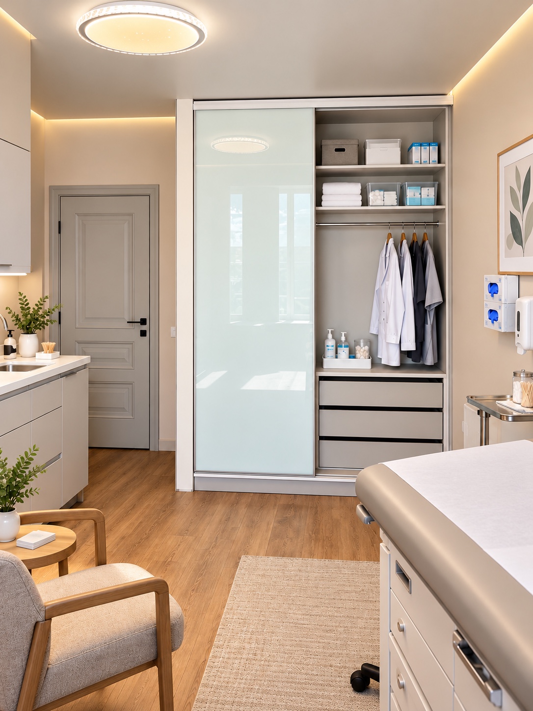 Clothing and supply cabinet in a medical office