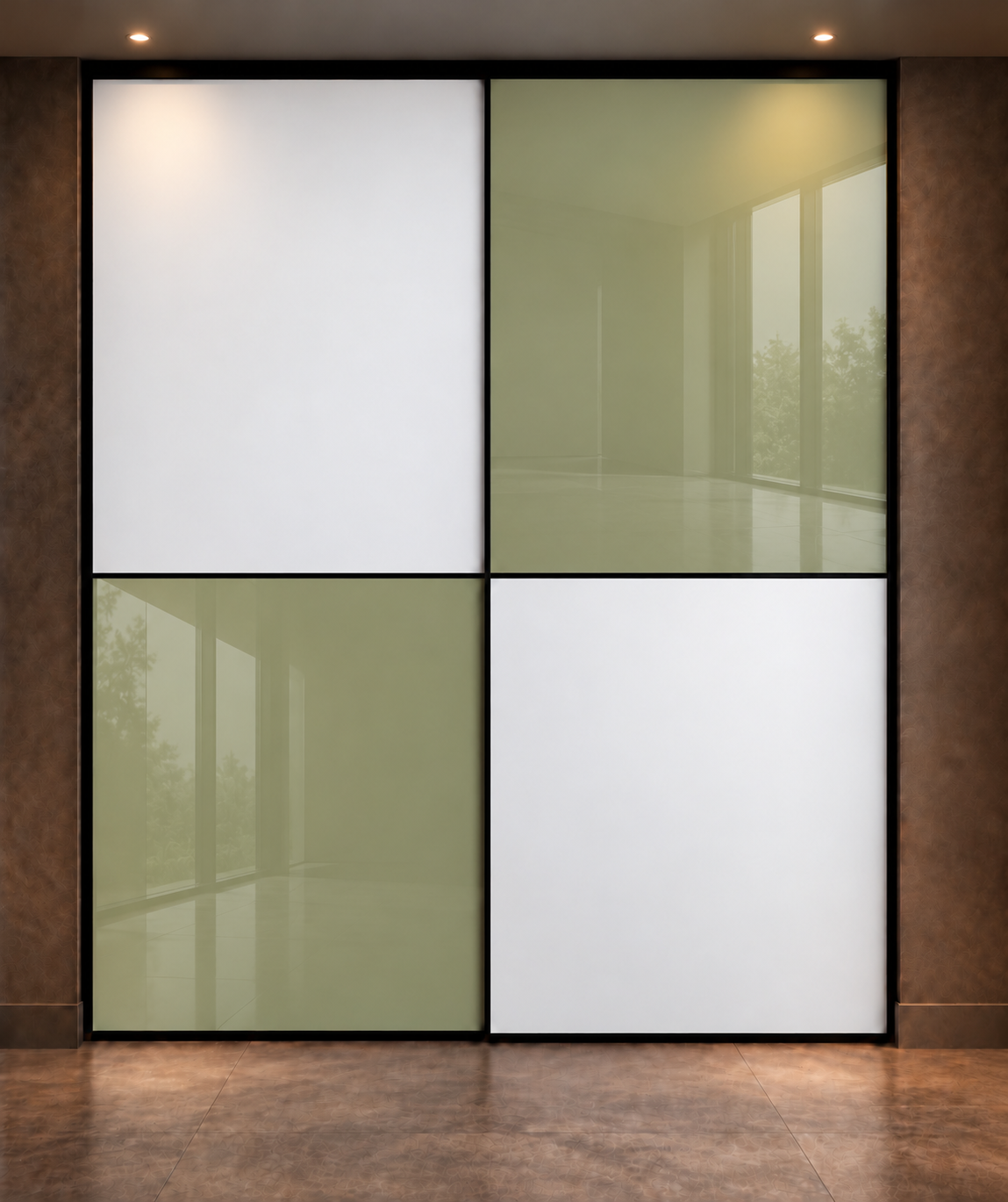 Sliding doors with glossy olive and matte white glass
