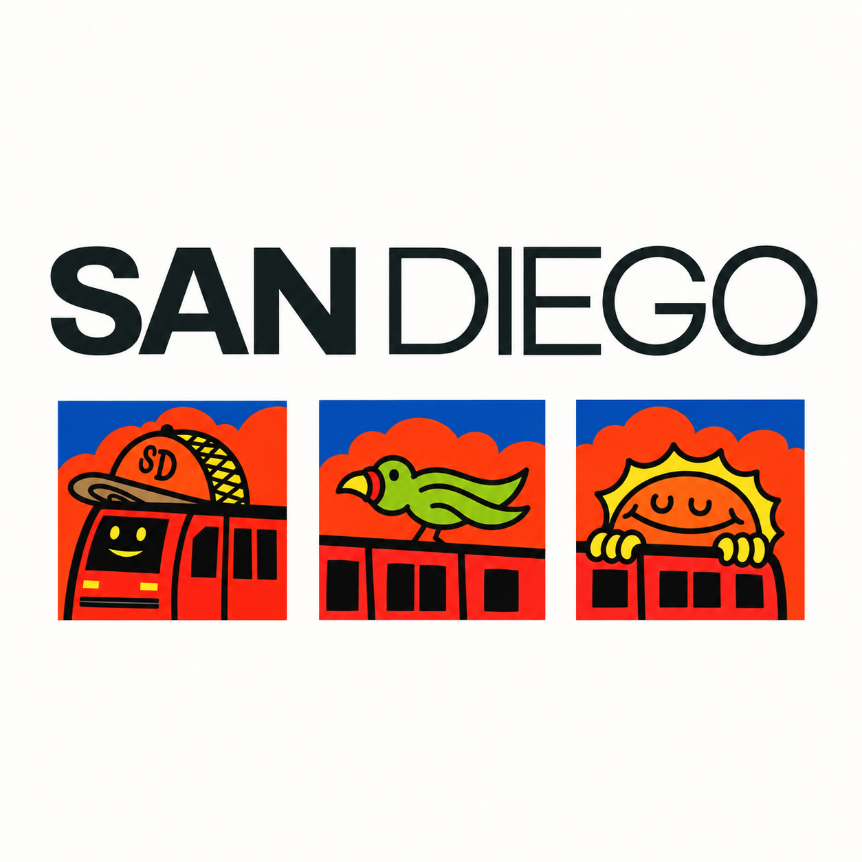 San Diego — our home city, illustrated with a trolley, a parrot and sunshine
